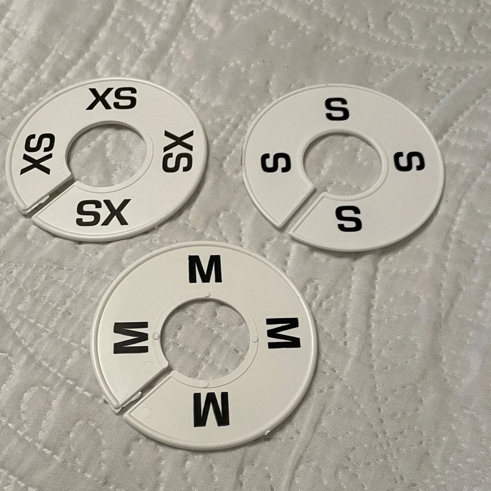 New Set of 3 XS S & M White Round Plastic Clothing Rack Size Dividers